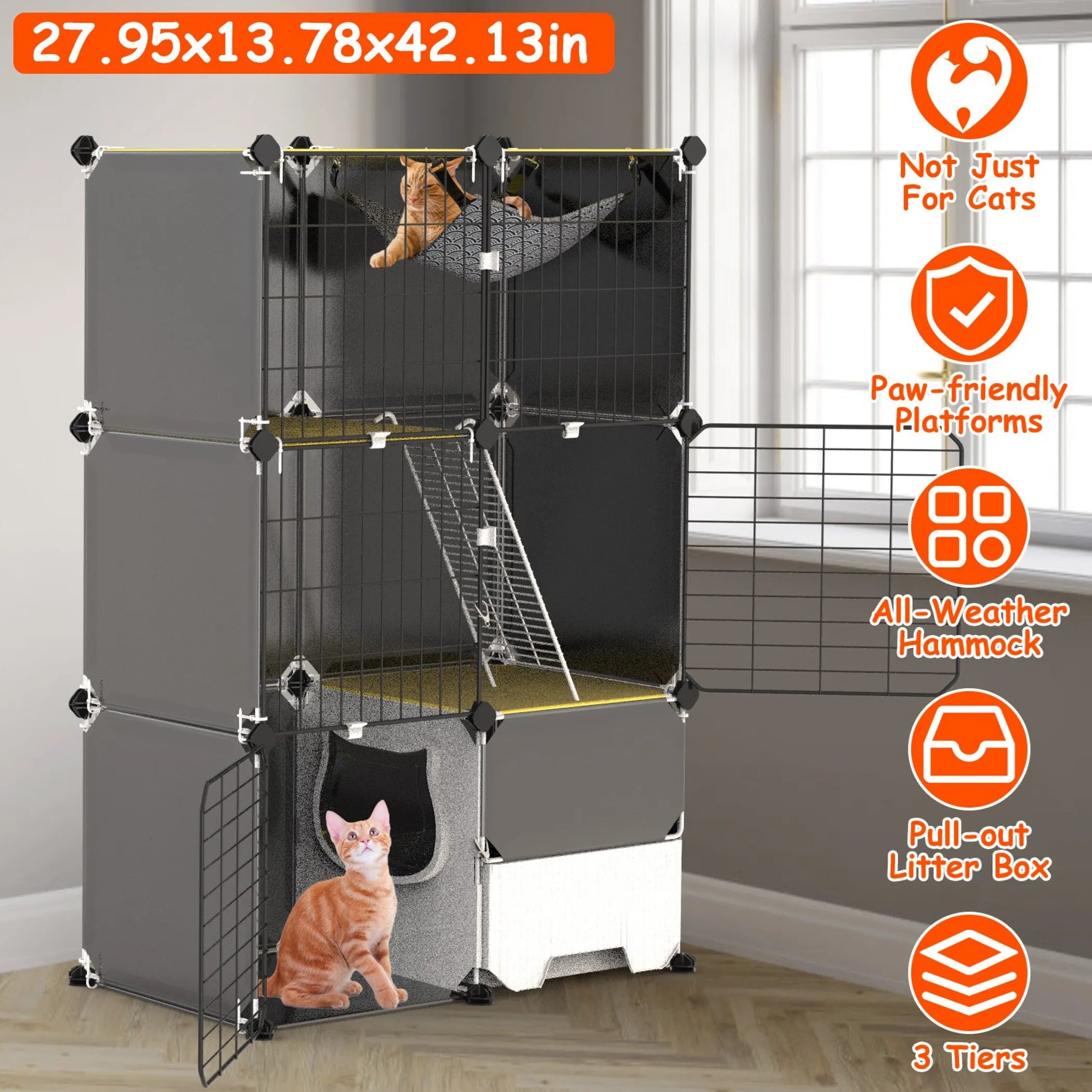 3 Tier Cat Cage Indoor with Litter Box Hammock Detachable Metal
