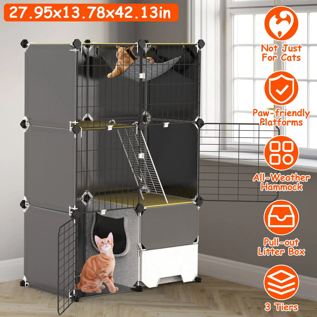 3 Tier Cat Cage Indoor with Litter Box Hammock Detachable Metal