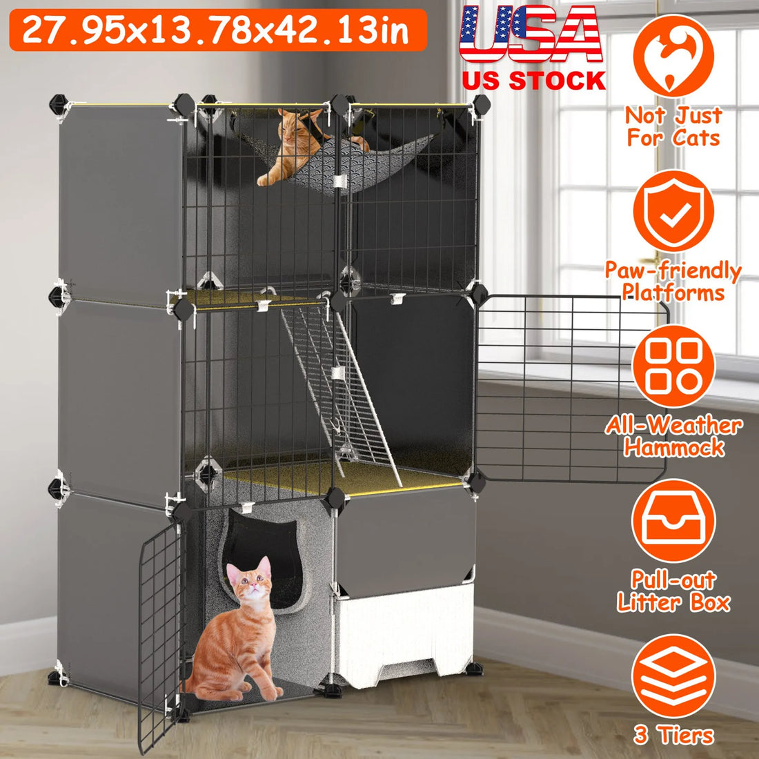 3 Tier Cat Cage Indoor with Litter Box Hammock Detachable Metal