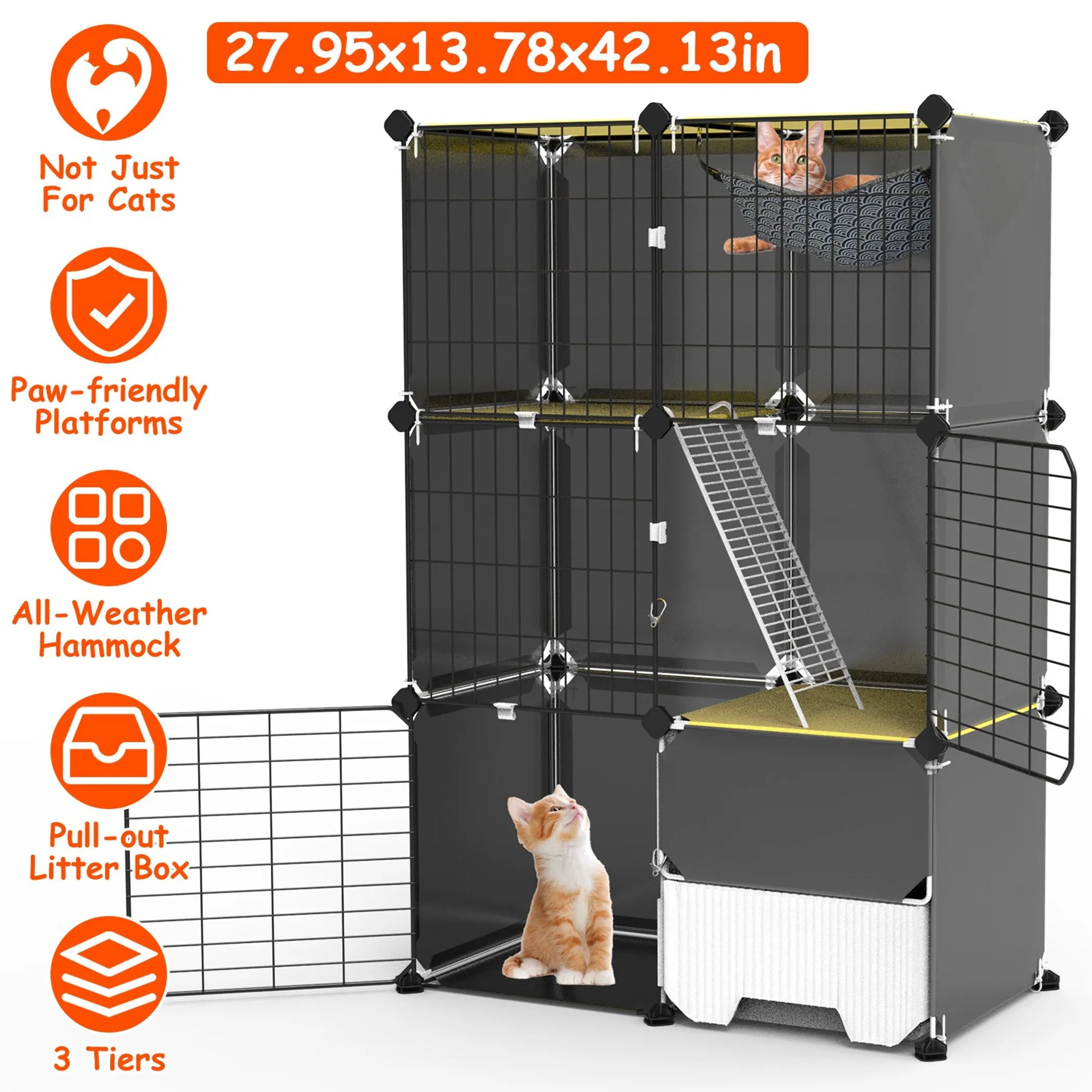 3 Tier Cat Cage Indoor with Litter Box Hammock Detachable Metal