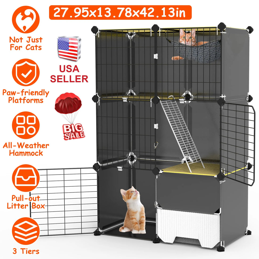 3 Tier Cat Cage Indoor with Litter Box Hammock Detachable Metal